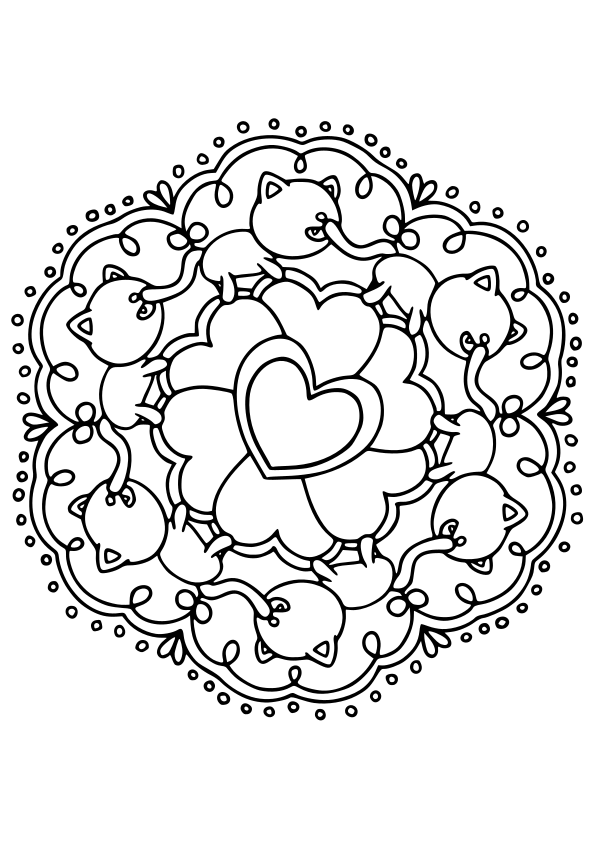 Cats and Heart free coloring pages for kids