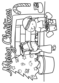 メリークリスマス！クリスマスの日に子供たちがサンタクロースからもらったプレゼントを開ける場面の塗り絵